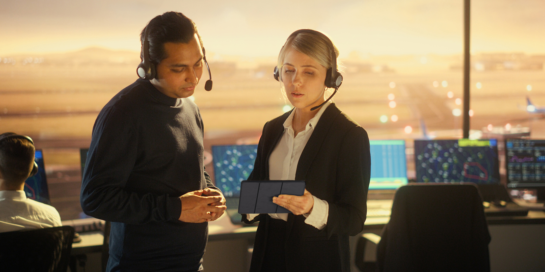 Two airlines workers with tablet Two airlines workers with tablet